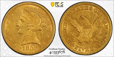 1858-S $5 AU58