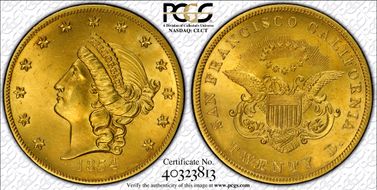 1854 $20 Kellogg & Co. MS65