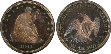 1864 25C PR67CAM