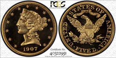 1907 $5 PR67CAM