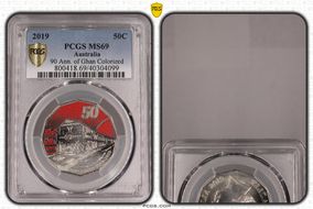 2019 50C 90 Ann. of Ghan Colorized MS69