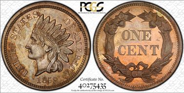 1858 1C J-213, Broad Bust, Low Leaves PR63