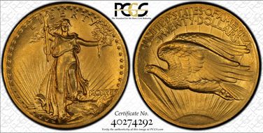 1907 $20 High Relief, Flat Edge MS65