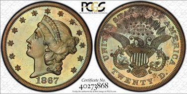 1867 $20 J-604 PR65+ BN