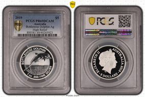 2019 $5 Bottlenose Dolphin Ag High Relief PR69DCAM