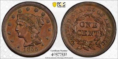 1855 1C N-5, Upright 55 MS63BN