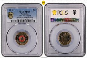 2015 $2 Lest We Forget Colorized Poppy Counterstamp MS67