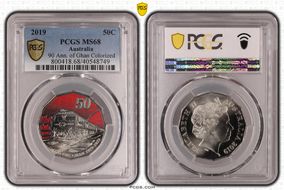 2019 50C 90 Ann. of Ghan Colorized MS68