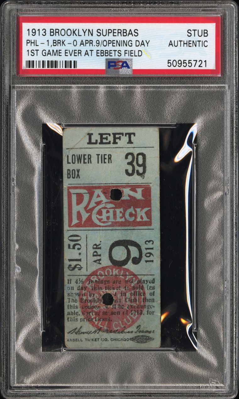 PSA Authentic graded ticket stub from the first game ever played at Ebbets Field in 1913