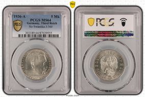 1936-A 5 Mk No Swastika J-360 MS64