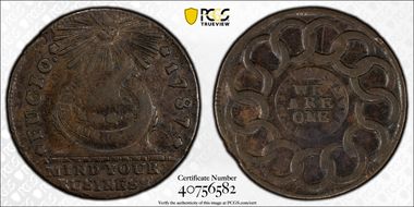 1787 Fugio 1C Club Rays, Rounded Ends XF40BN