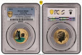 2011 $1 Cairns Birdwing Butterfly Al-Bronze Colorized MS68