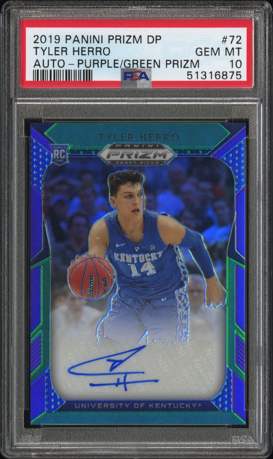 2019 Panini PANINI PRIZM DRAFT PICKS AUTOGRAPHS PURPLE/GREEN PRIZM #72 Tyler Herro front