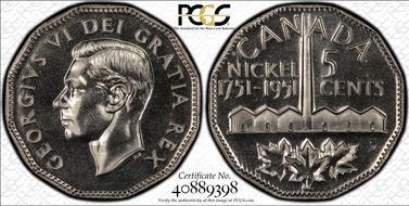 1951 5C Nickel Bicentennial SP67