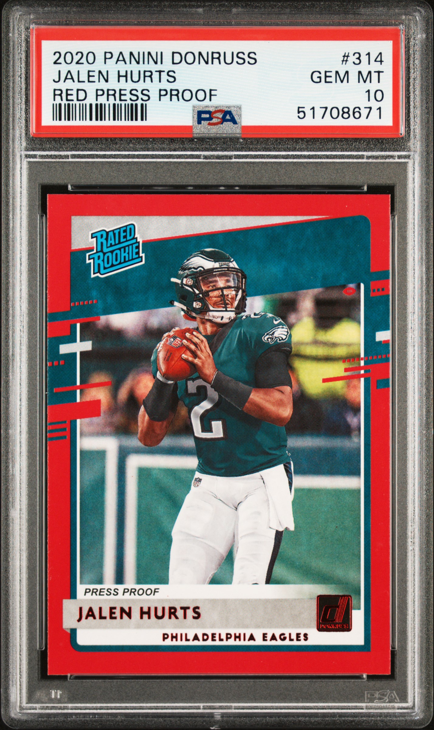 2020 Panini Donruss Red Press Proof Rated Rookie #314 Jalen Hurts Rookie Card – PSA GEM MT 10