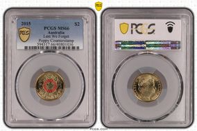 2015 $2 Lest We Forget Colorized Poppy Counterstamp MS66