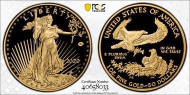 2020-W $50 Gold Eagle - v75 Privy 1 of 1945 Struck First Strike PR70DCAM
