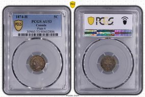 1874-H 5C Small Date, Plain 4 AU53