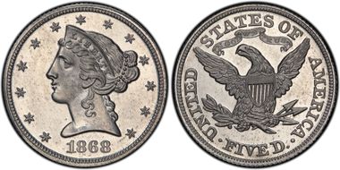 1868 $5 J-660 PR64+