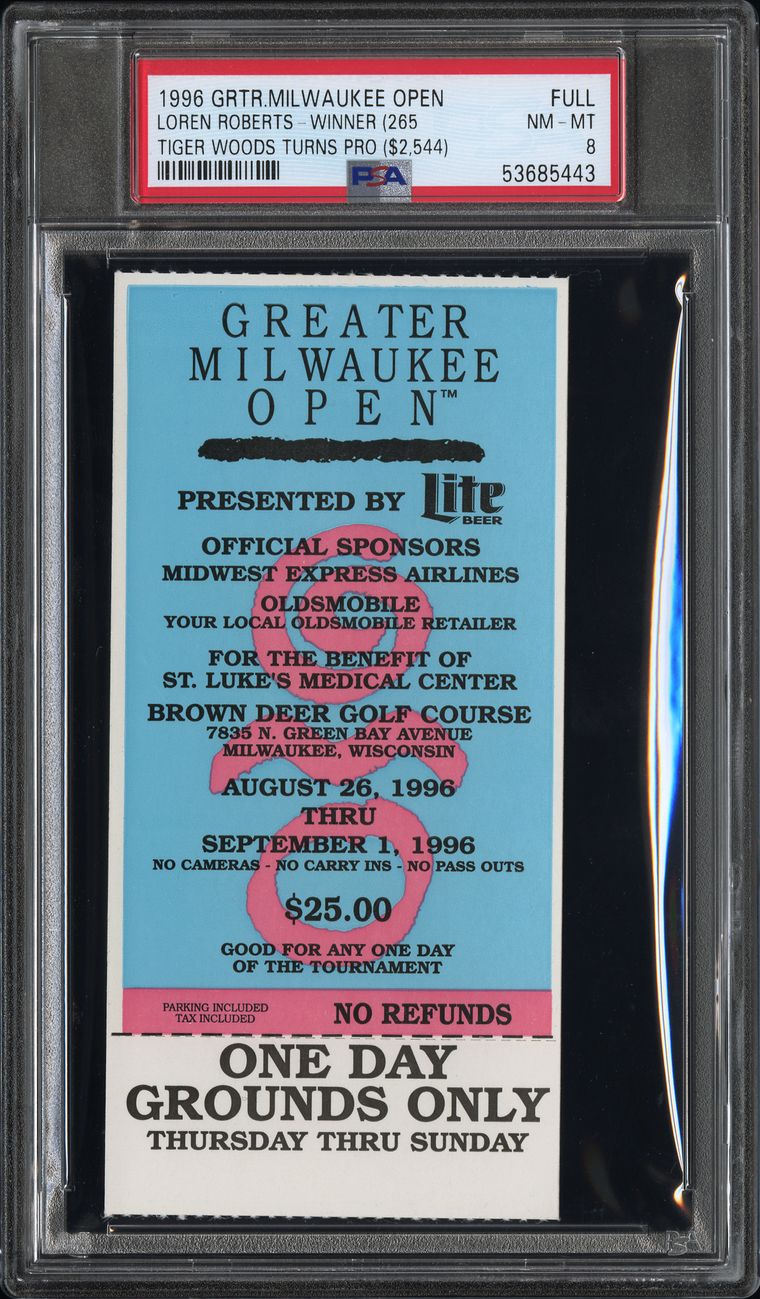 Full ticket to the 1996 Greater Milwaukee Open, Tiger Woods' professional debut, graded PSA NM-MT 8