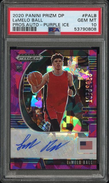 2020 Panini Prizm Green Prizm PROS.AUTO-PURPLE ICE #98 LaMELO BALL front