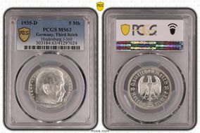 1935-D 5 Mk Hindenburg J-360 MS63