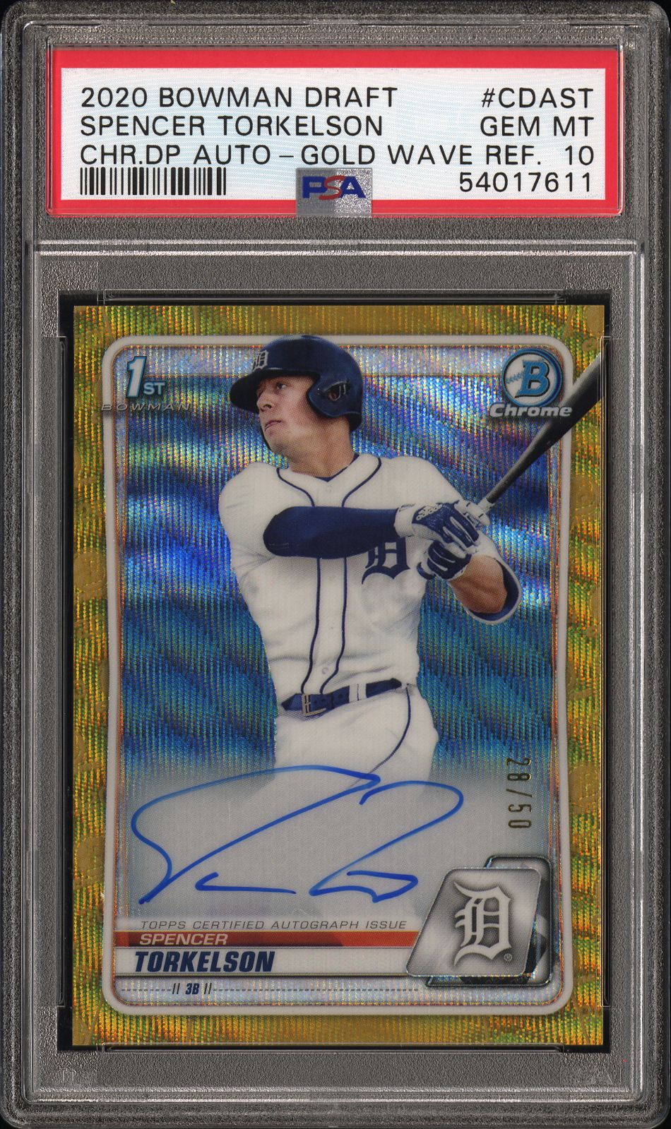 2020 Bowman BOWMAN DRAFT CHROME DRAFT PICKS AUTOGRAPHS CHR.DP AUTO-GOLD WAVE REF. #CDAST Spencer Torkelson front