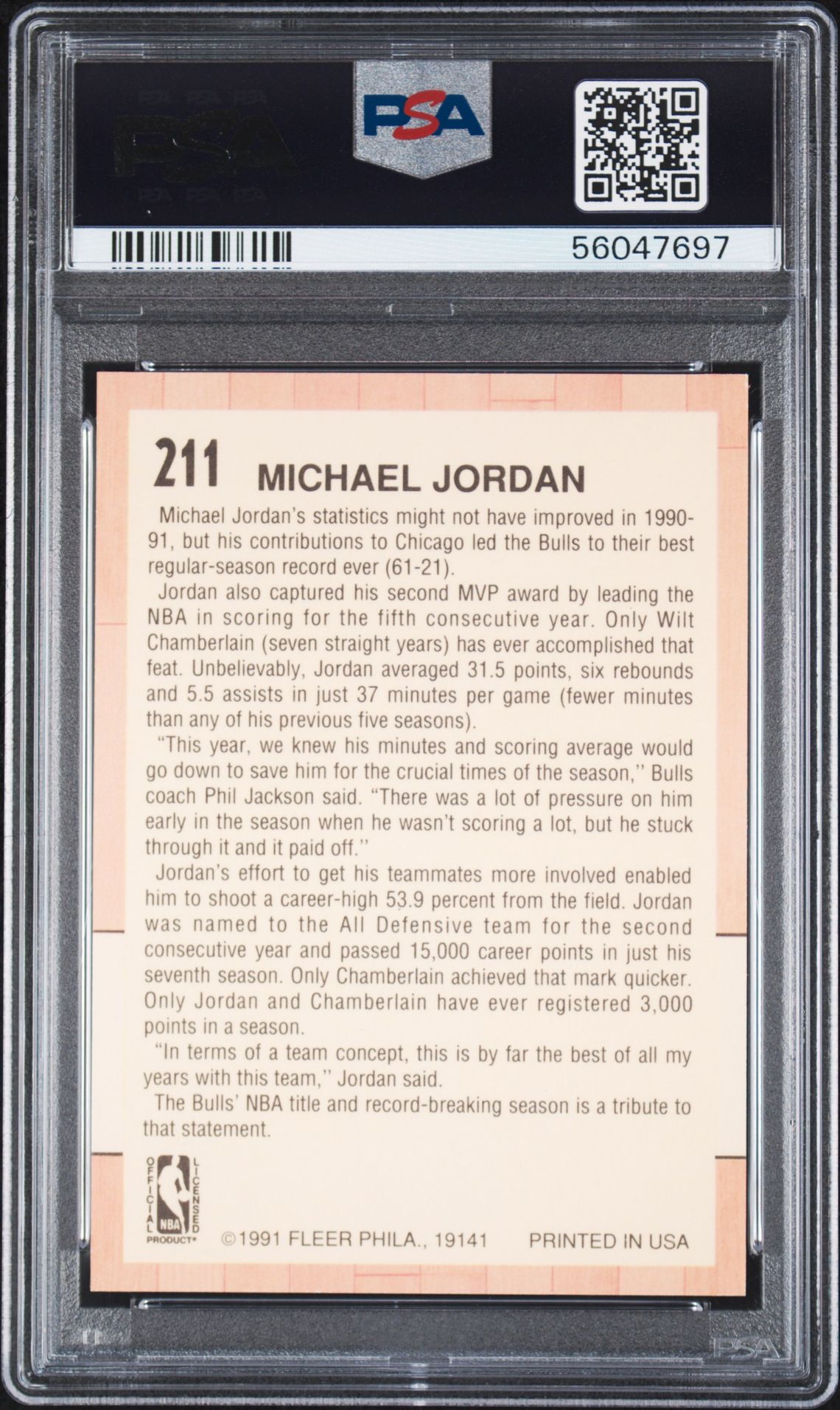 1991 Fleer Michael Jordan #211 Mint 9 back