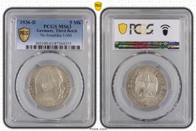 1936-D 5 Mk No Swastika J-360 MS63