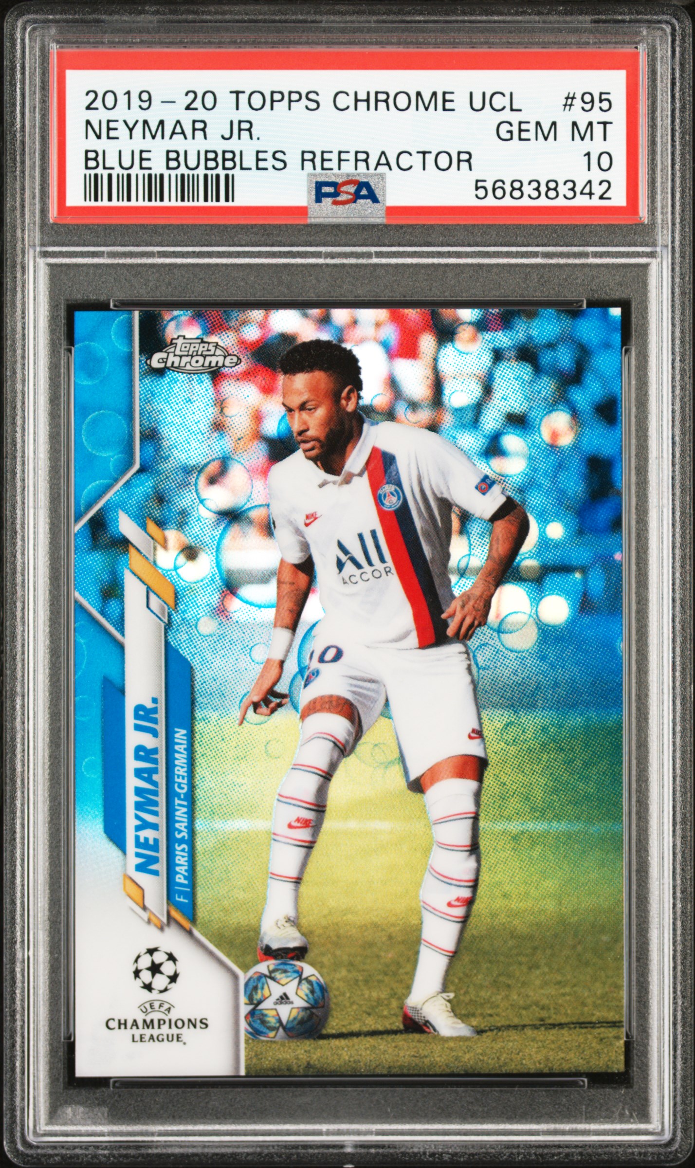 2019 Topps Chrome Uefa Champions League 95 Neymar Jr. Blue Bubbles Refractor PSA 10