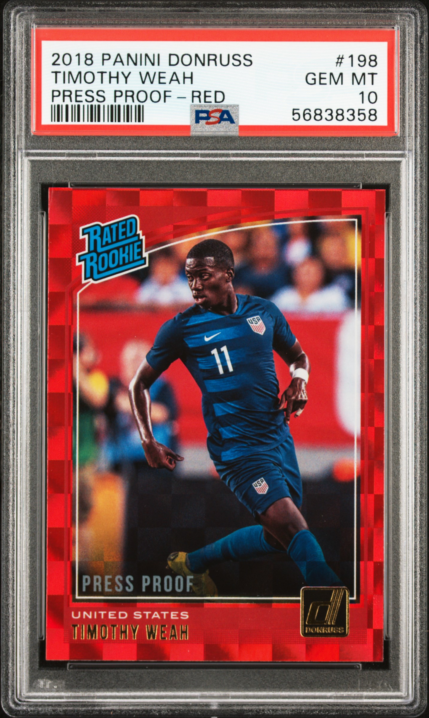 2018 Panini Donruss Press Proof-Red Rated Rookie #198 Timothy Weah Rookie Card – PSA GEM MT 10