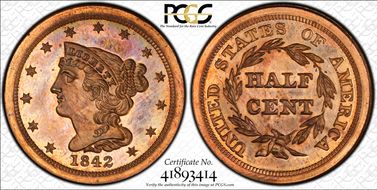 1842  1/2C 1st Restrike, Rev. of 1856 PR65RB