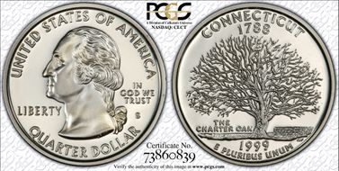 1999-S 25C Connecticut Silver PR70DCAM
