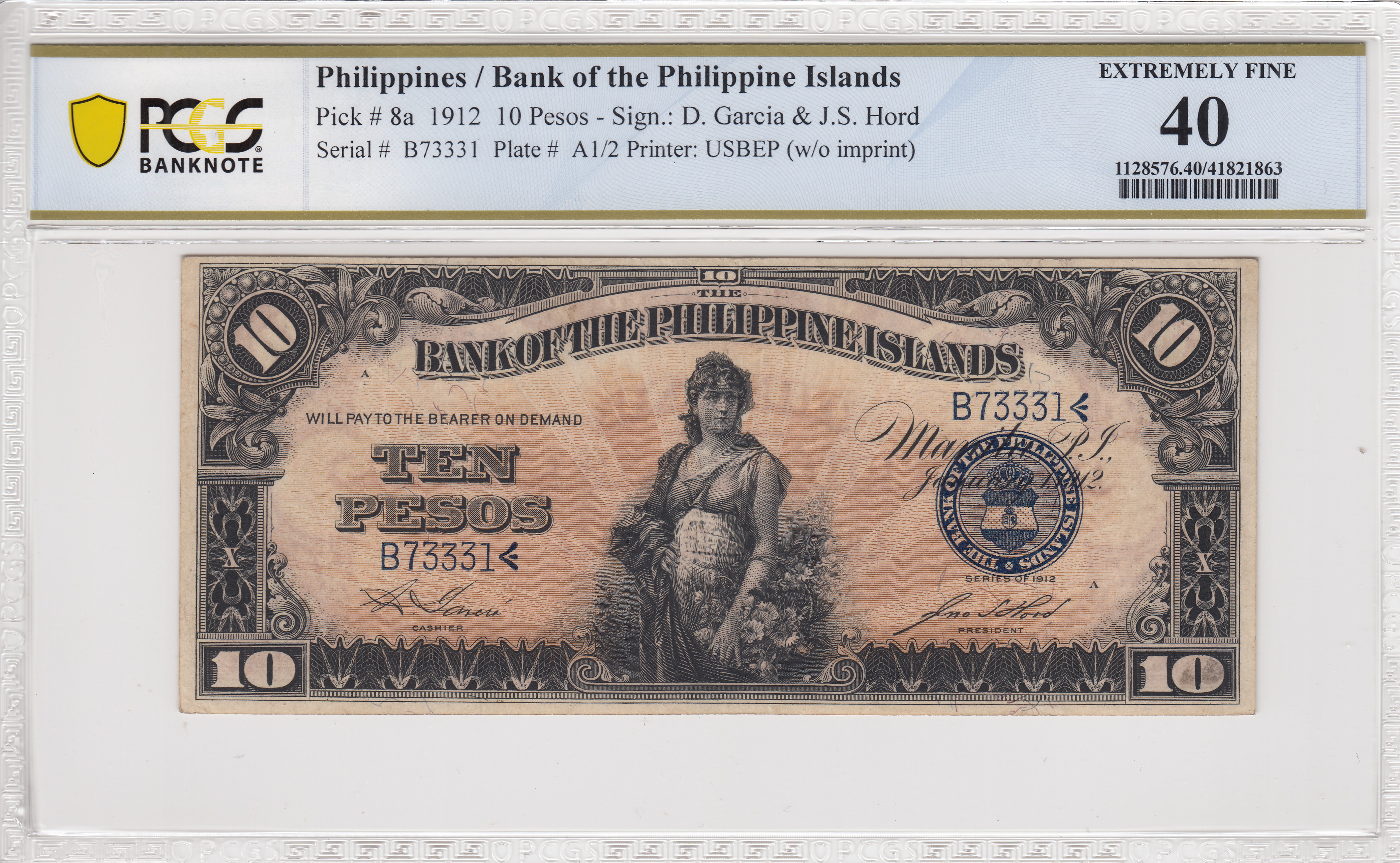 Pick 8a 1912 10 Pesos Bank of the Philippine Islands USBEP (w/o