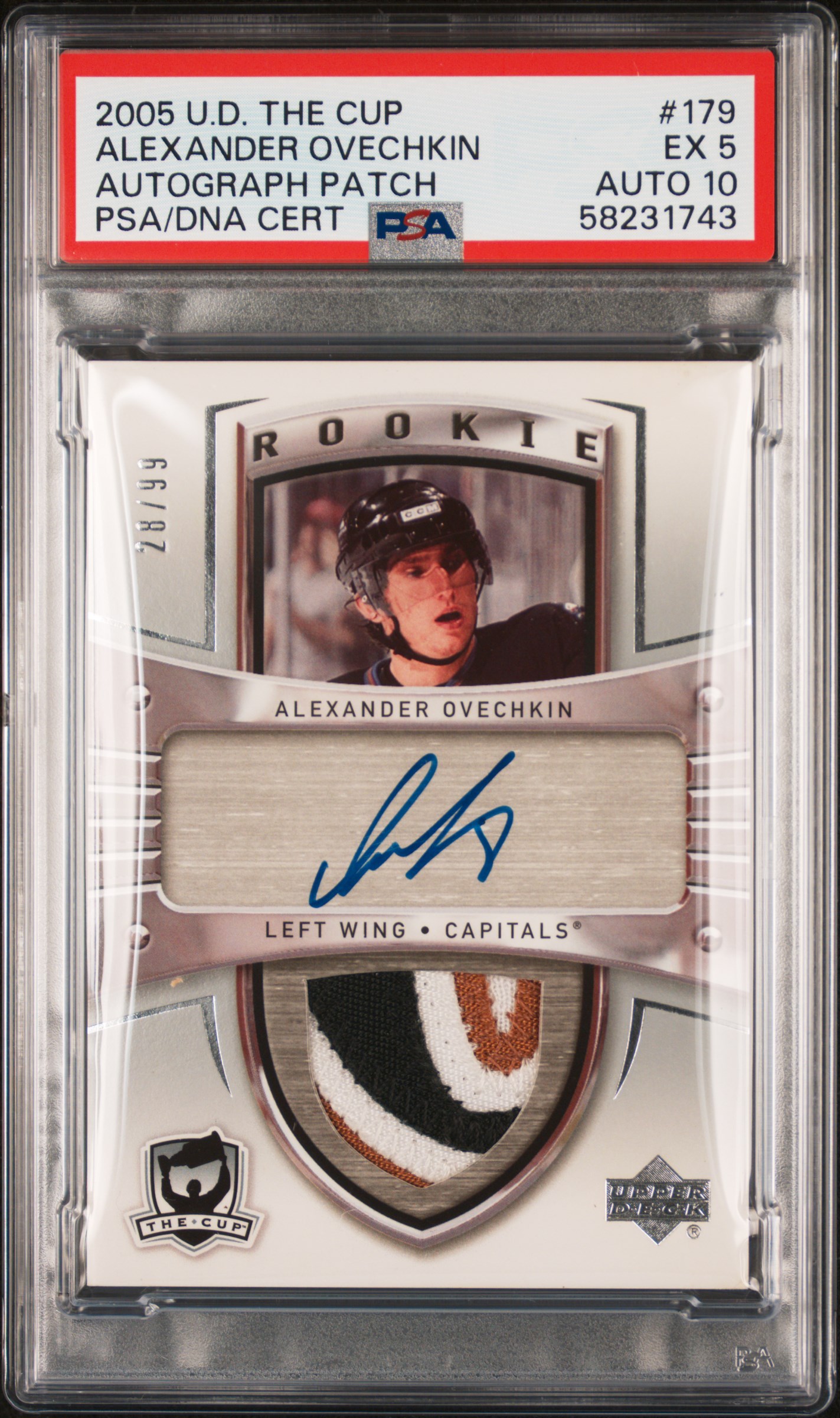 2005-06 Upper Deck The Cup Rookie Patch Autograph (RPA) #179 Alexander Ovechkin Rookie Card Signed Game-Used Patch Rookie Card (#28/99) - PSA EX 5, PSA/DNA GEM MT 10