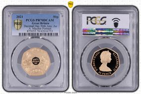 2021 50p Decimal Day 50th Ann. Au A. Machin Portrait PR70DCAM