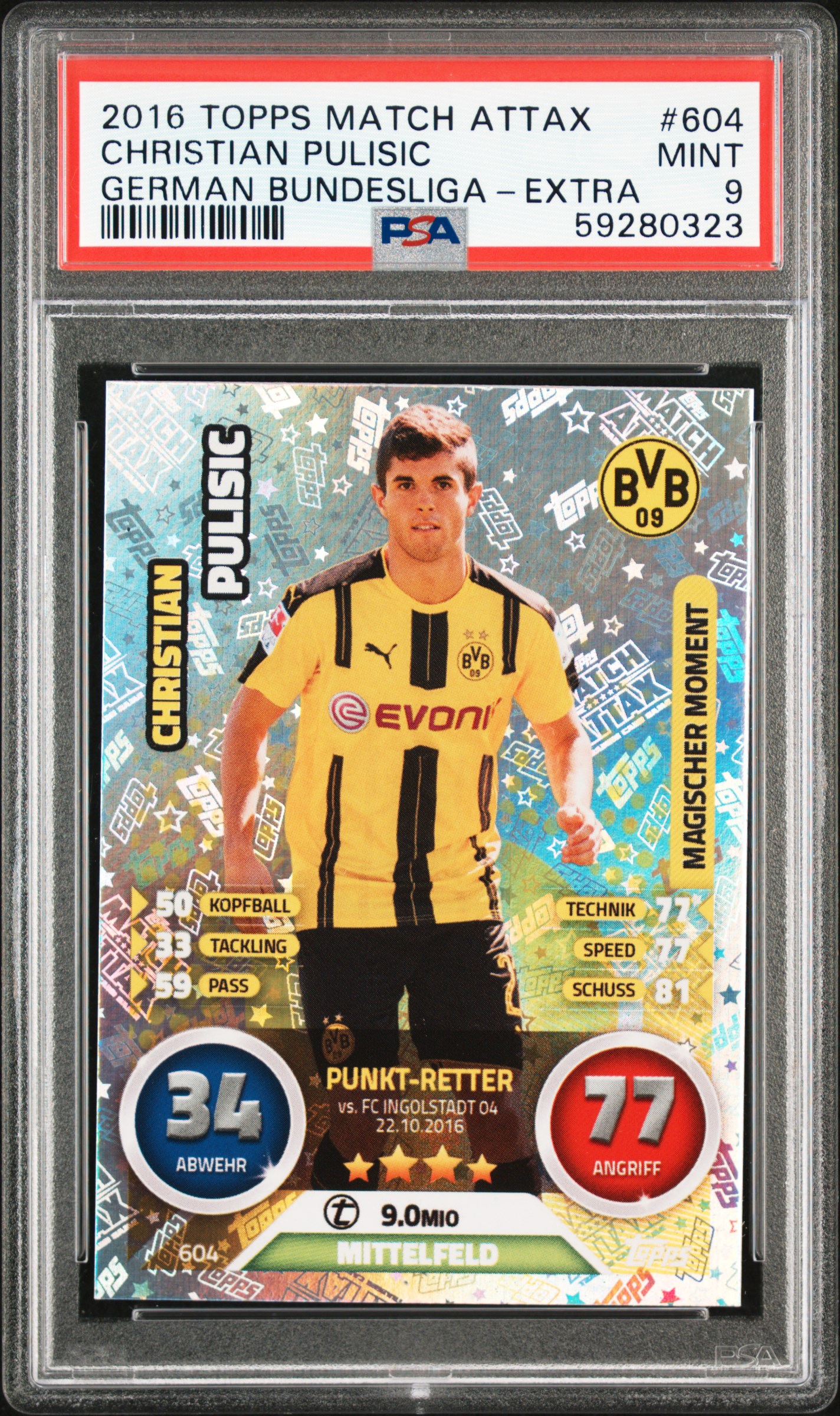 2016 Topps Match Attax German Bundesliga #604 Christian Pulisic Rookie Card – PSA MINT 9