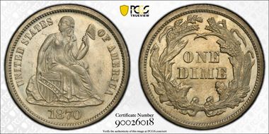 1870 10C F-104, Repunched Date MS64