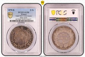 1870-K  5 Fr Gad-742 F-332 Ancre Sans serif AU50
