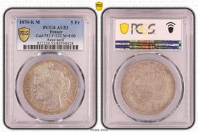 1870-K M 5 Fr Gad-742 F-332 M-4:00  Avec serif AU53