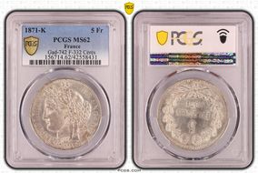 1871-K 5 Fr Gad-742 F-332 Cérès 3 Feuilles MS62