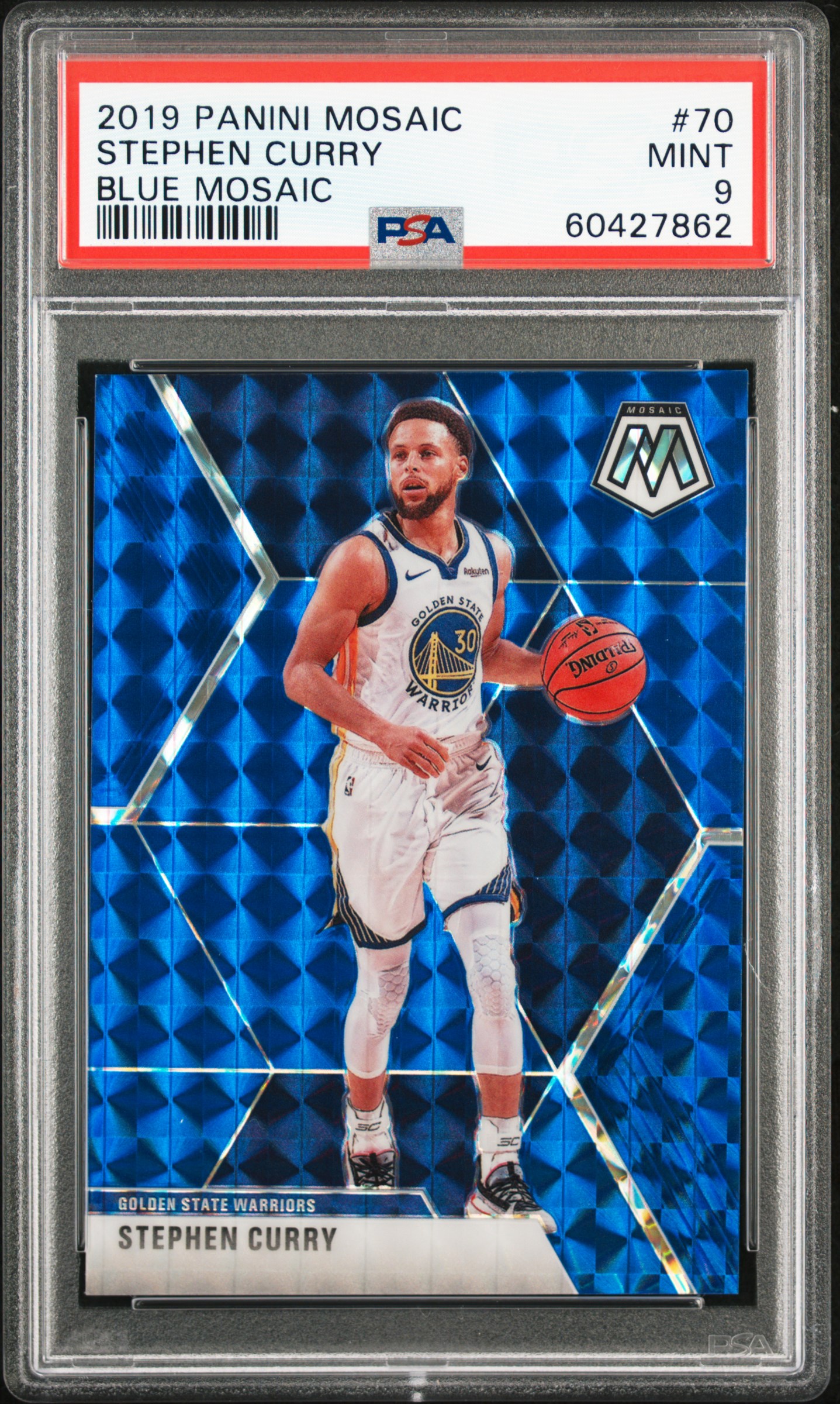 2019-20 Panini Mosaic Blue Mosaic #70 Stephen Curry (#97/99) – PSA MINT 9