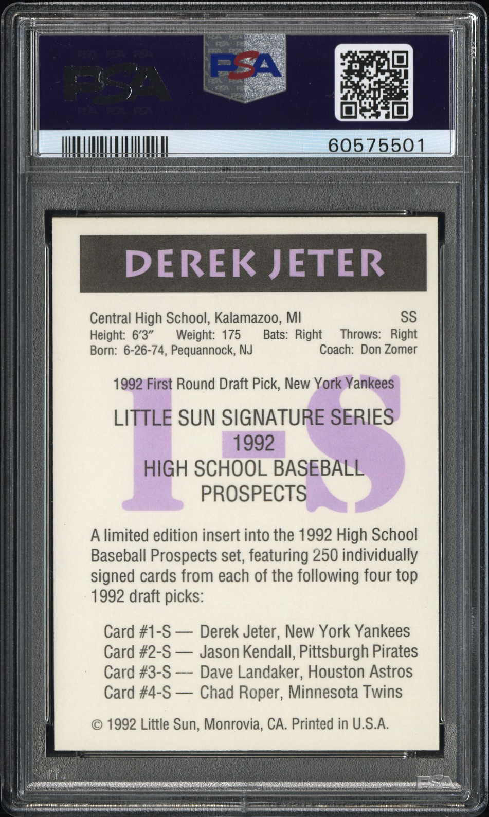 1992 Little Sun High School Prospects Derek Jeter (Autographed