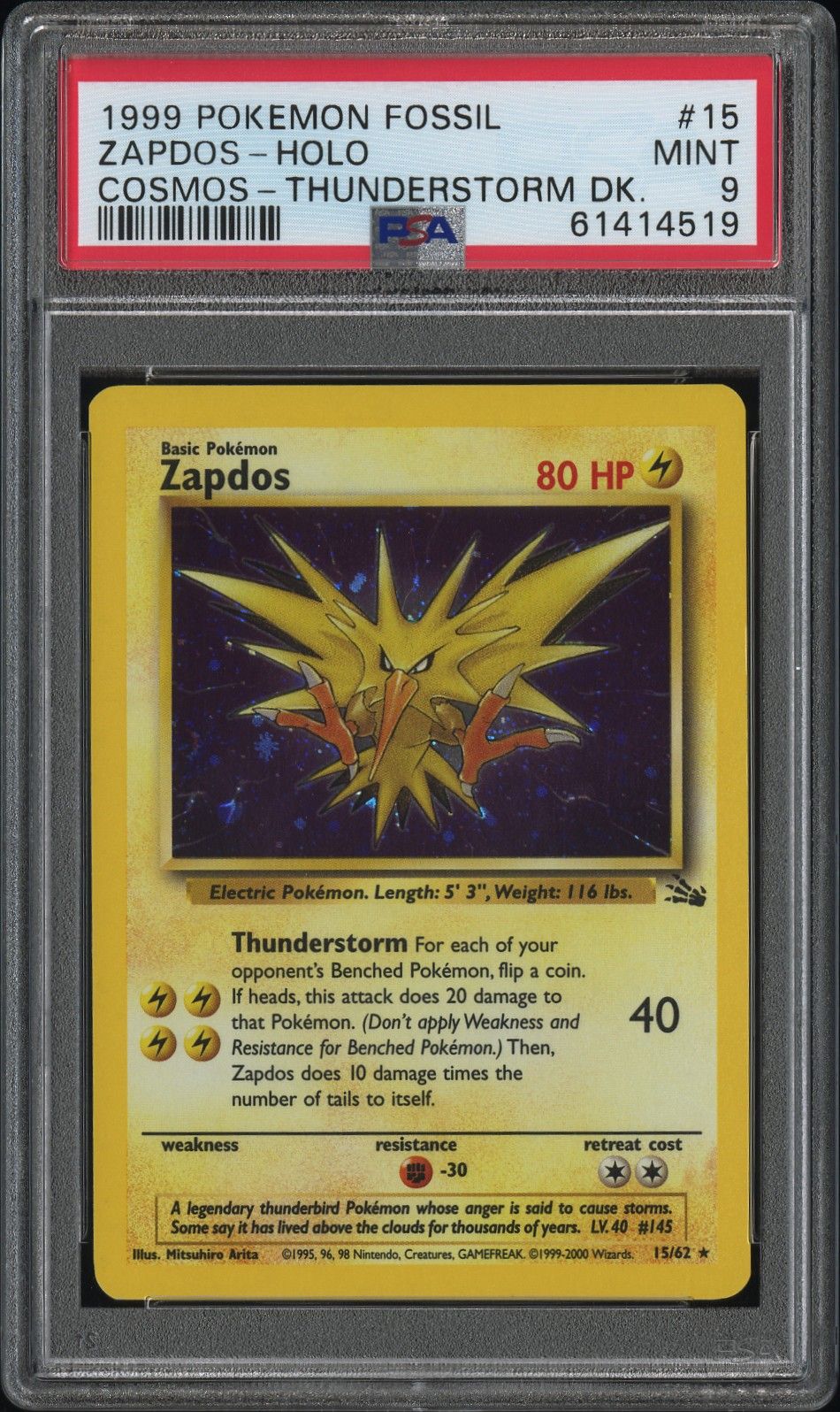 1999 Pokemon POKEMON FOSSIL COSMOS-THUNDERSTORM DK. #15 Zapdos-Holo front