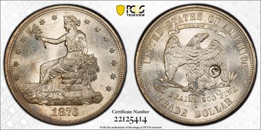 1876-S T$1 Type-I/II, Chopmarked MS63