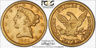 1859-D $5 Medium D XF45