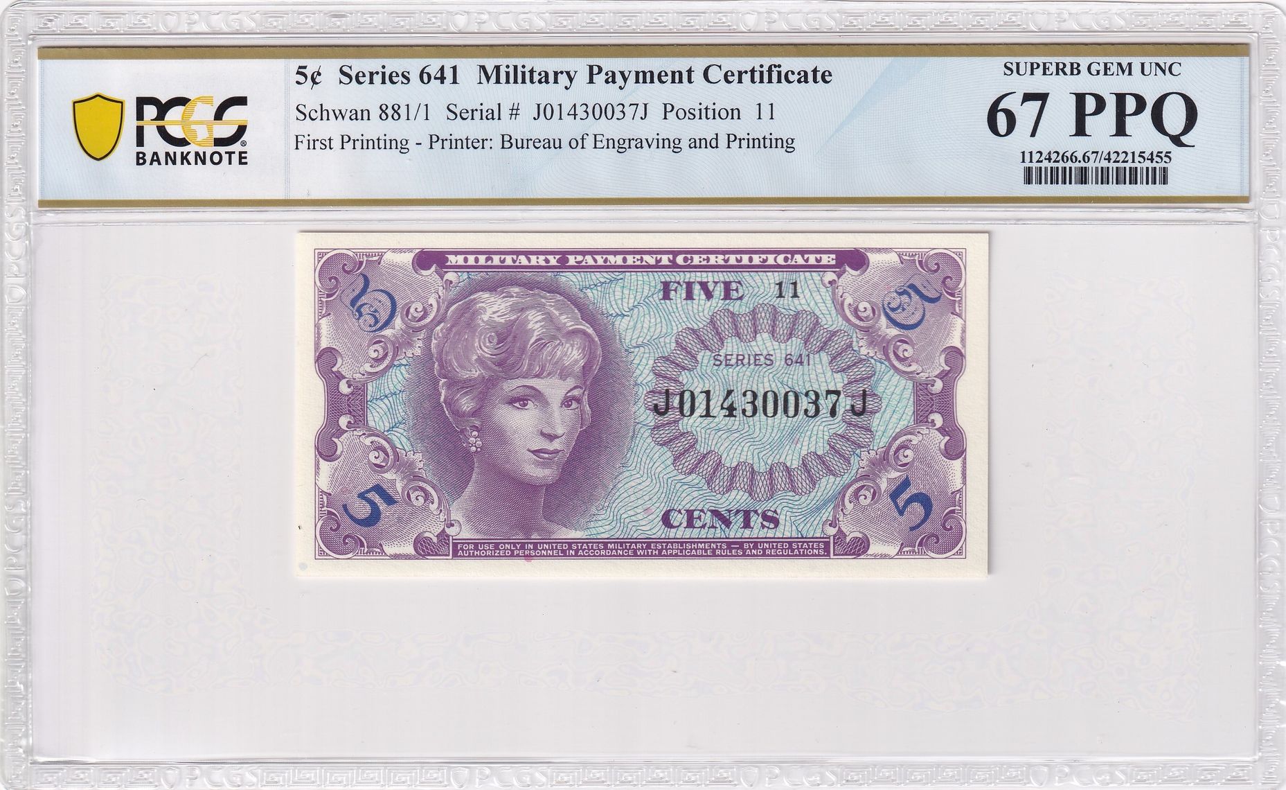 Schwan 881/1 Series 641 5¢ Military Payment Certificate Bureau of