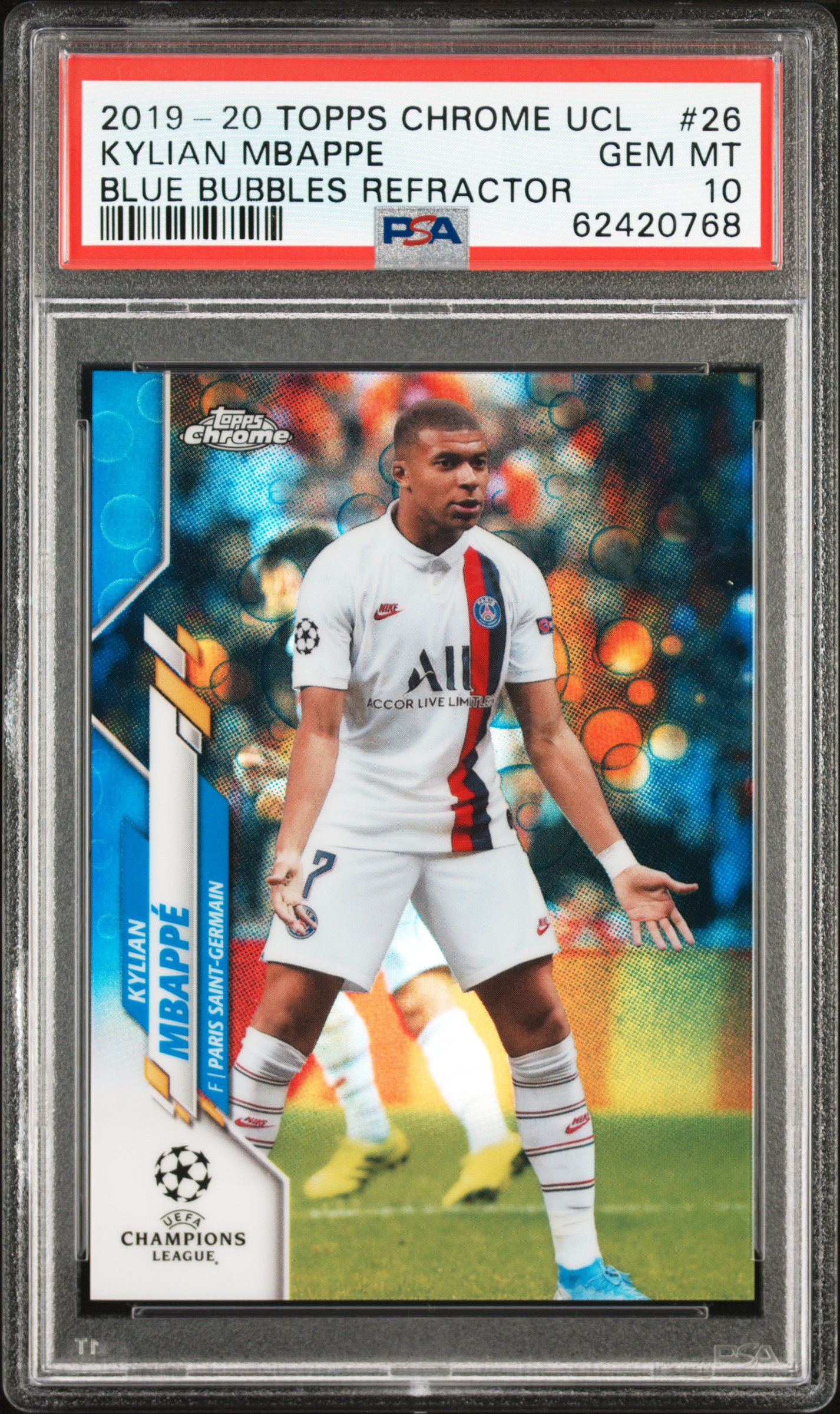 2019 Topps Chrome Uefa Champions League 26 Kylian Mbappe Blue Bubbles Refractor PSA 10