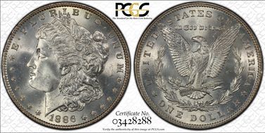 1886 $1 VAM 1C, 3+2 Rev. Clash MS66