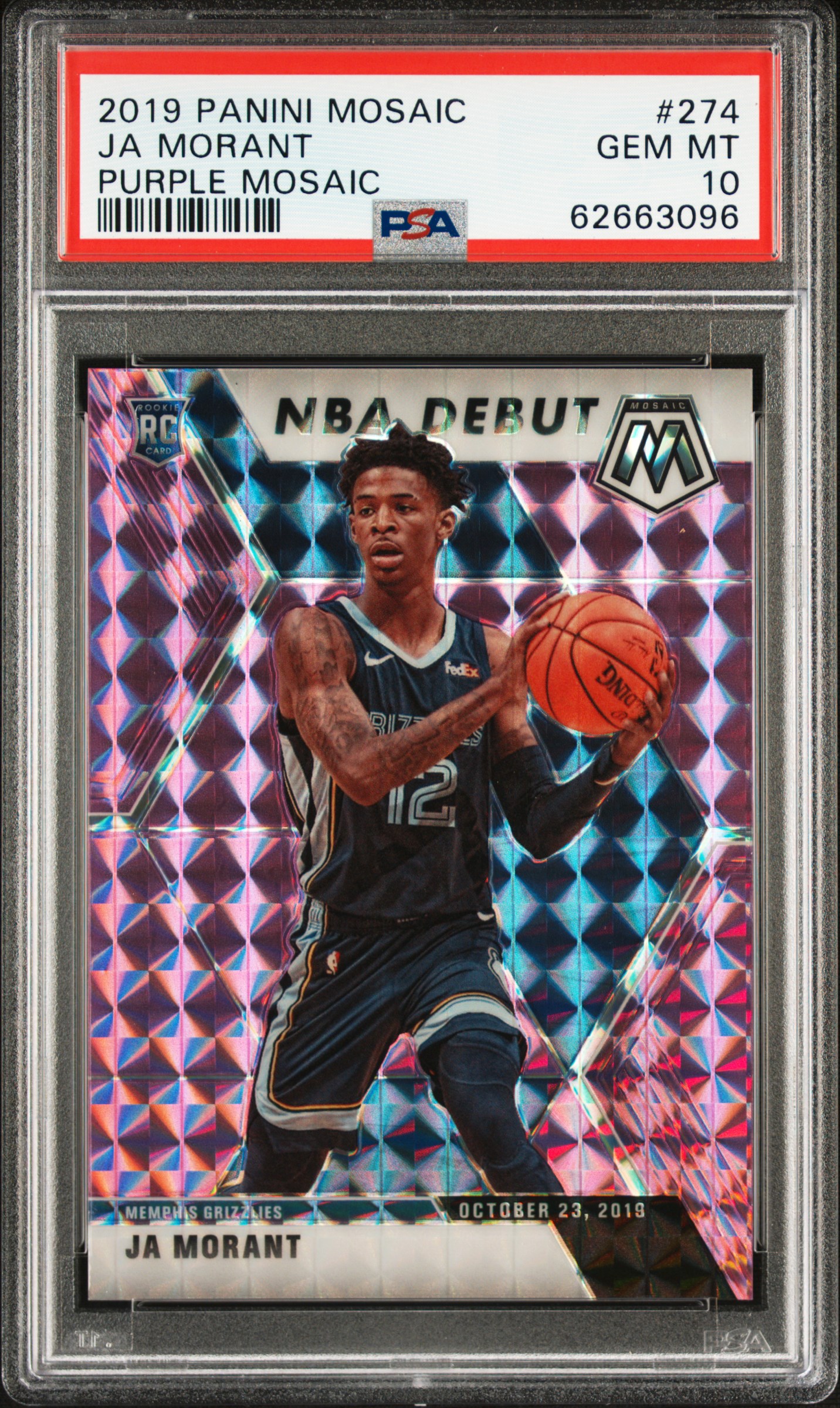 2019-20 Panini Mosaic Purple Mosaic #274 Ja Morant Rookie Card (#/49) – PSA GEM MT 10